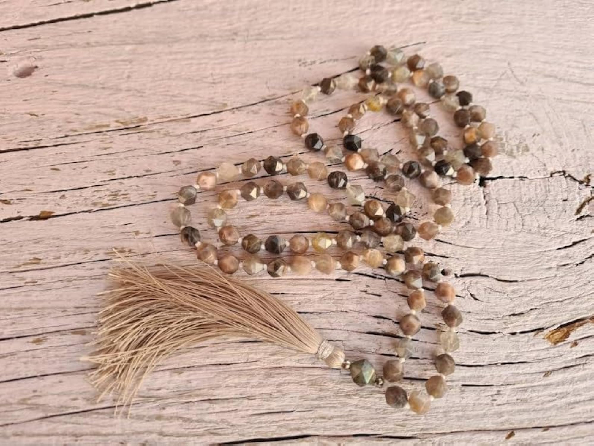 Natural Grey Sunstone & Labradorite 6MM Round Beaded Handmade Prayer Mala Necklace